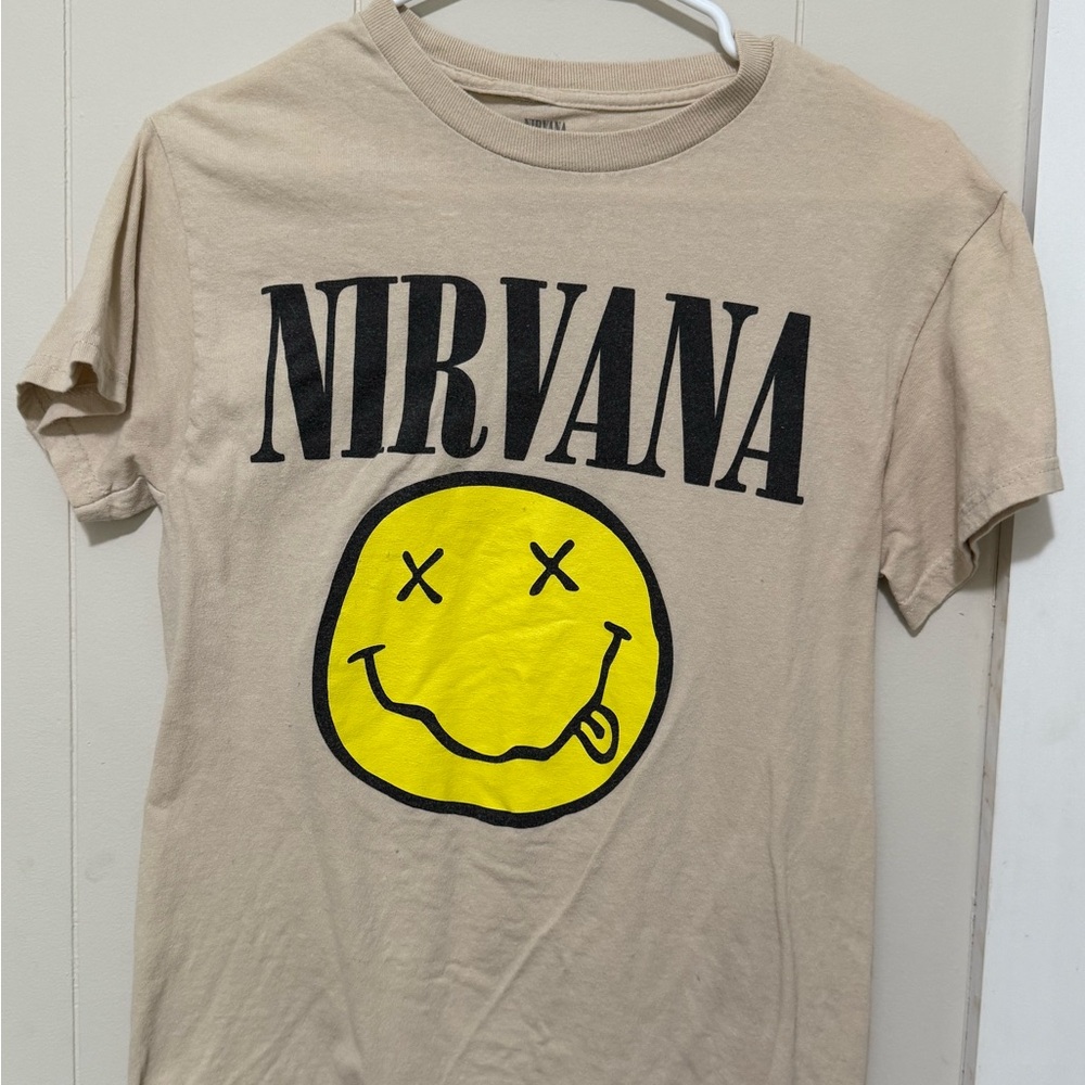 NIRVANA Beige Tee with Black Smiley Design